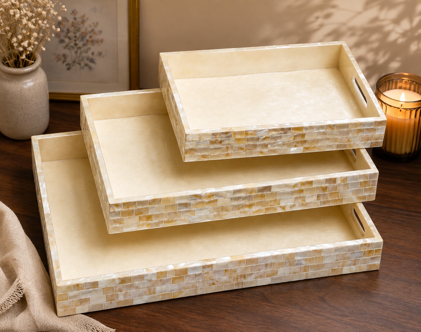 Mother of Pearl Inlay Decorative Tray Set