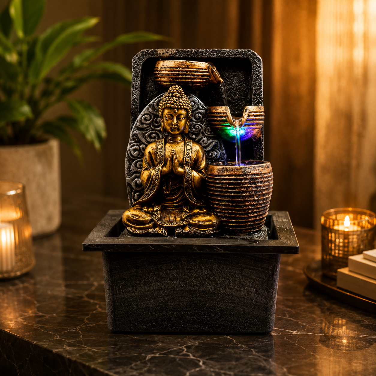 Golden Meditating Buddha Indoor Water Fountain with LED Light